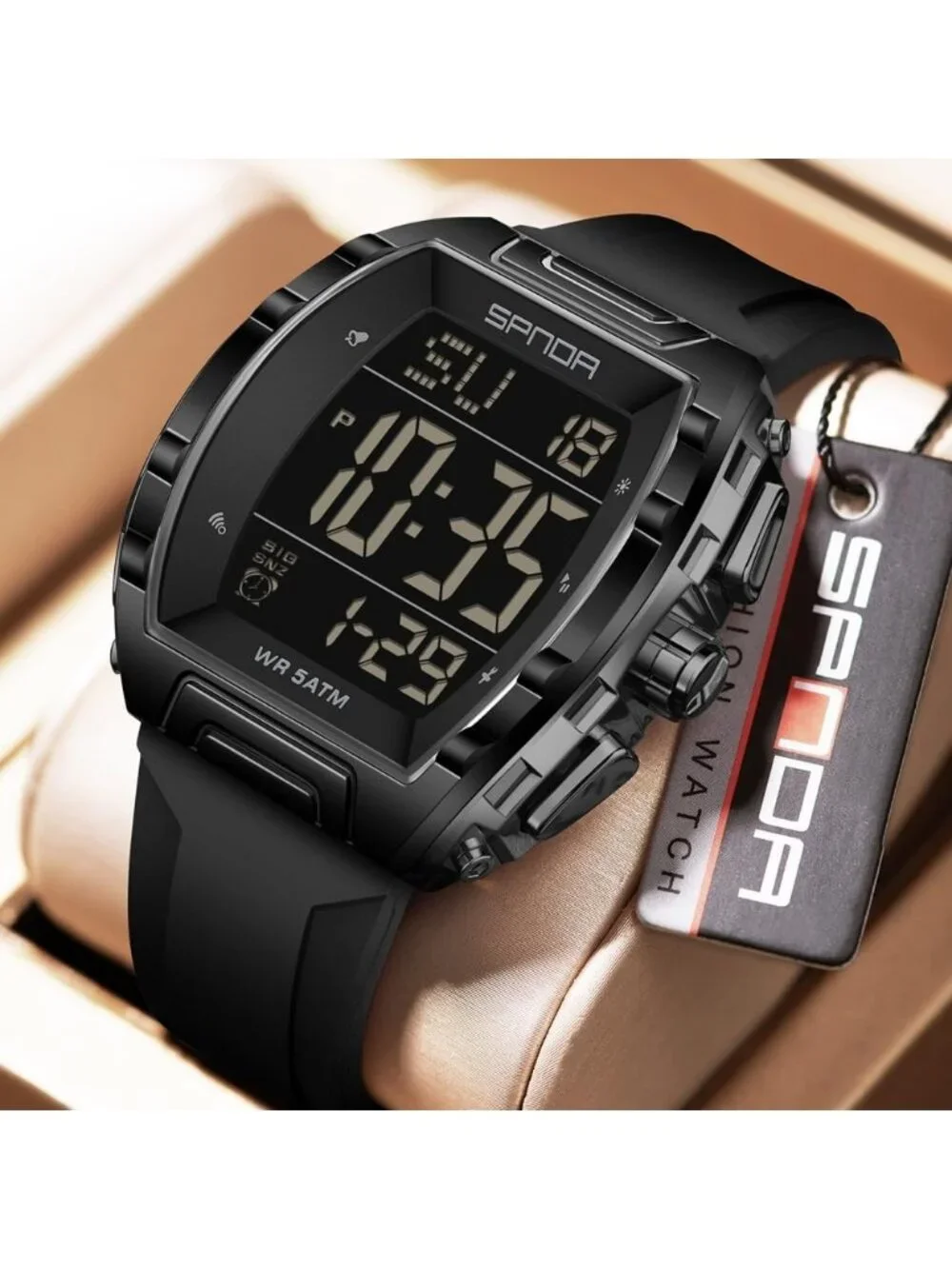 Men's Black Analog Quartz Tonneau Shape Dual Waterproof Digital Luxury Watch